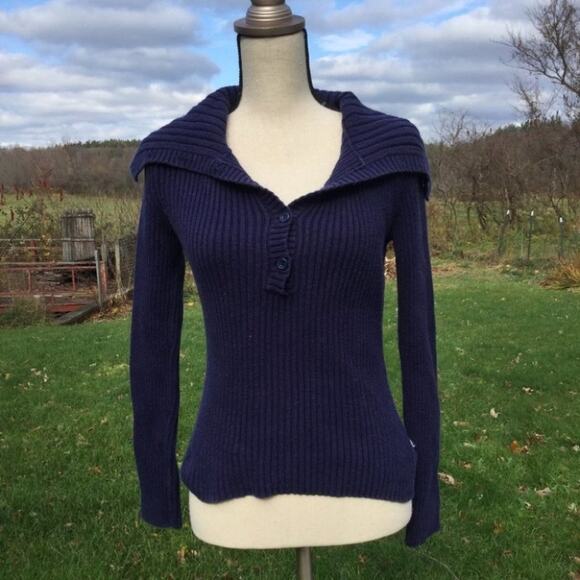 American Eagle Outfitters Dark Blue Ribbed Sweater Medium Long Sleeve Cotton M - Picture 7 of 7